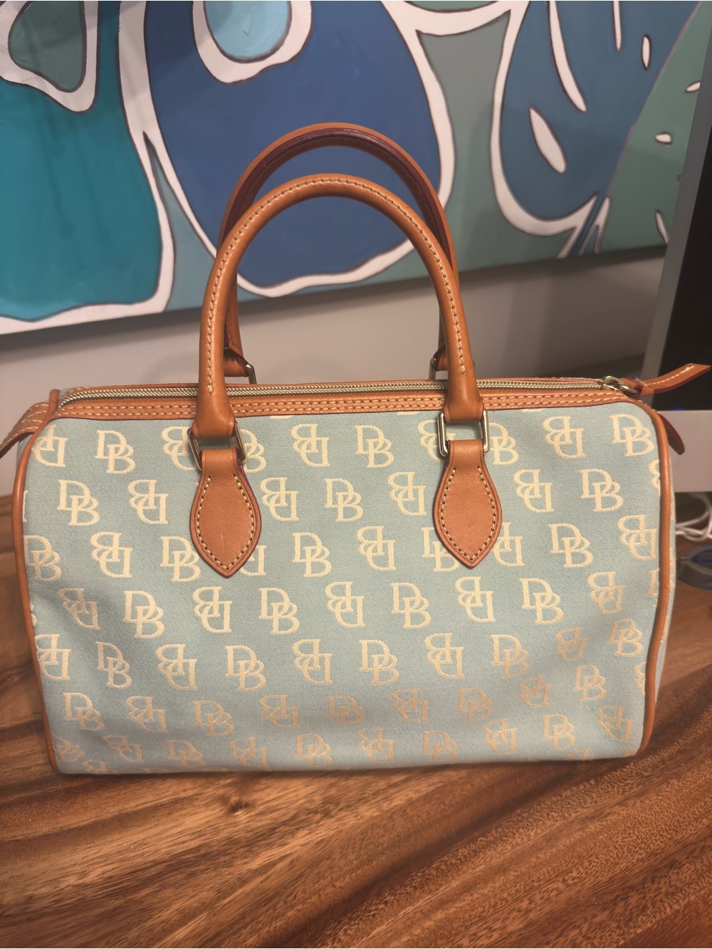 Dooney & Bourke Light Blue Signature Satchel with Brown Leather Trim - Picture 2 of 5